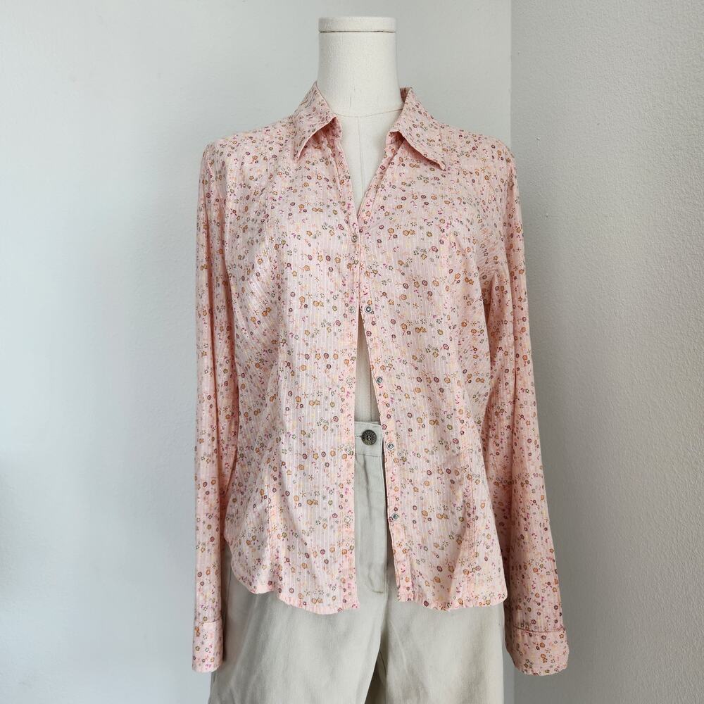 Vintage Y2K Pink Floral Snap Button Up Long Sleeve Shirt No Boundaries M